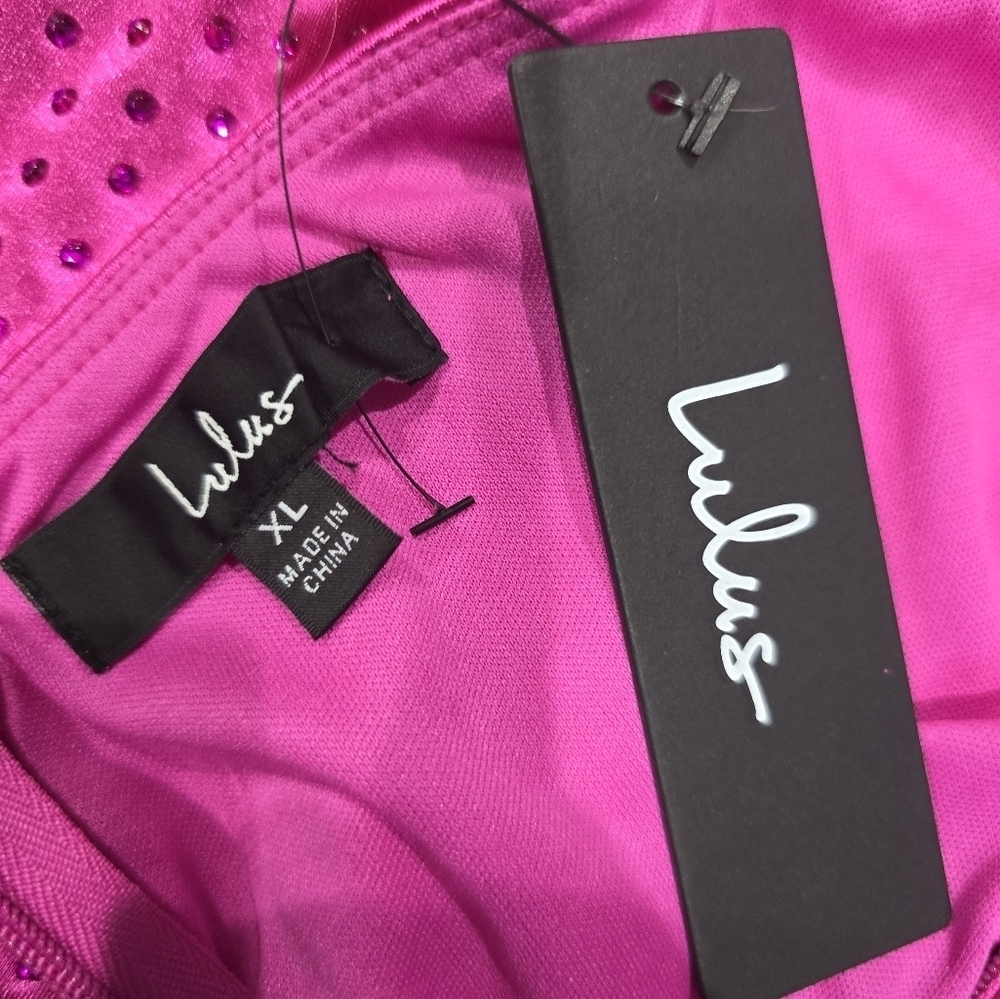 Lulus Radiant Stunner Hot Pink Satin Rhinestone Lace-Up Maxi Dress Size XL NWT - Picture 5 of 9